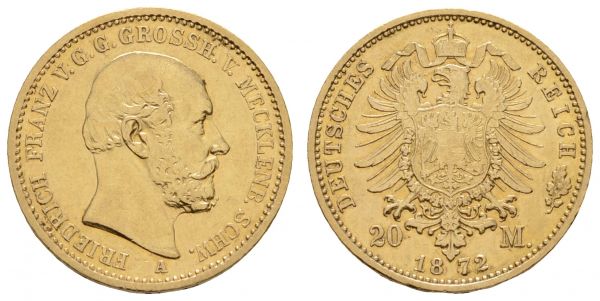 Kaiserreich Goldmünzen Mecklenburg-Schwerin Friedrich Franz II., 1842-1883 20 M 1872 A nur 68.952 Exemplare geprägt  Jaeger 230 ss-vz