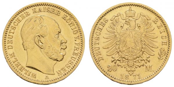 Kaiserreich Goldmünzen Preußen Wilhelm I. 1861-1888 20 M 1871 A Die erste Reichsmünze, sogenannte Siegesmünze, min. Rs.  Jaeger 243 ss-vz