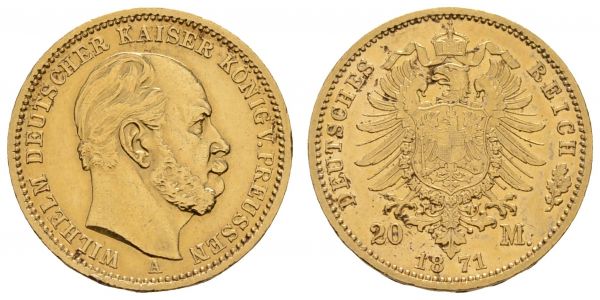 Kaiserreich Goldmünzen Preußen Wilhelm I. 1861-1888 20 M 1871 A kl. Rf.  Jaeger 243 ss