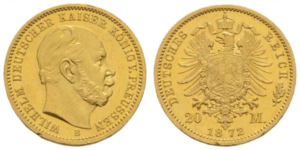 Kaiserreich Goldmünzen Preußen Wilhelm I. 1861-1888 20 M 1872 B kleine Randfehler  Jaeger 243 vz