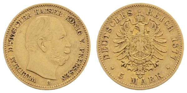 Kaiserreich Goldmünzen Preußen Wilhelm I. 1861-1888 5 M 1877 B  Jaeger 244 1.96 g. ss-vz