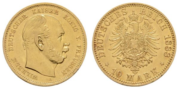 Kaiserreich Goldmünzen Preußen Wilhelm I. 1861-1888 10 M 1888 A letztes Jahr  Jaeger 245 ss-vz