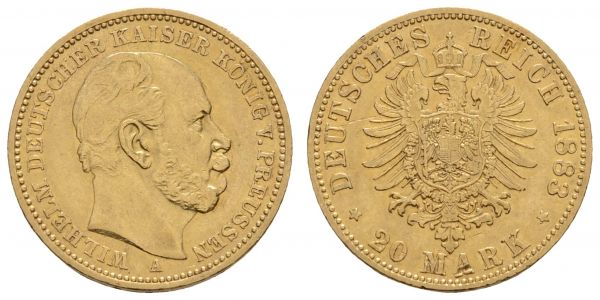 Kaiserreich Goldmünzen Preußen Wilhelm I. 1861-1888 20 M 1883 A  Jaeger 246 7.97 g. ss+