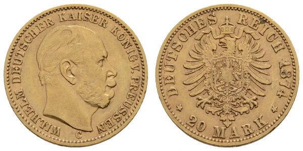 Kaiserreich Goldmünzen Preußen Wilhelm I. 1861-1888 20 M 1874 C  Jaeger 246 ss-vz