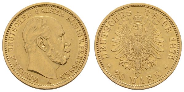 Kaiserreich Goldmünzen Preußen Wilhelm I. 1861-1888 20 M 1875 A  Jaeger 246 fast vz