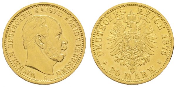 Kaiserreich Goldmünzen Preußen Wilhelm I. 1861-1888 20 M 1875 A kl. Rf.  Jaeger 246 ss-vz