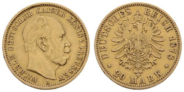 Kaiserreich Goldmünzen Preußen Wilhelm I. 1861-1888 20 M 1878 A  Jaeger 246 7.79 g. ss+