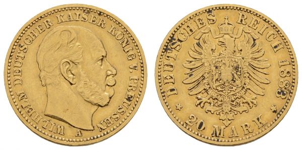 Kaiserreich Goldmünzen Preußen Wilhelm I. 1861-1888 20 M 1883 A  Jaeger 246 ss-vz