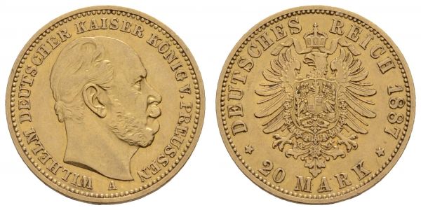 Kaiserreich Goldmünzen Preußen Wilhelm I. 1861-1888 20 M 1887 A  Jaeger 246 ss-vz