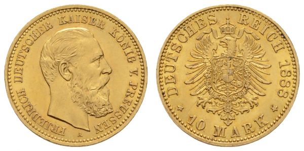 Kaiserreich Goldmünzen Preußen Friedrich III. 1888 10 M 1888 A  Jaeger 247 vz