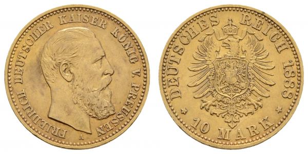 Kaiserreich Goldmünzen Preußen Friedrich III. 1888 10 M 1888 A  Jaeger 247 vz-