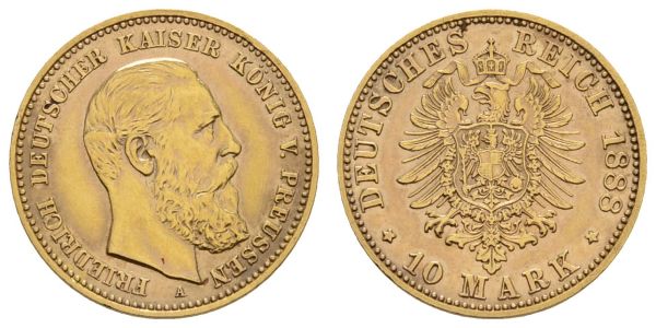 Kaiserreich Goldmünzen Preußen Friedrich III. 1888 10 M 1888 A  Jaeger 247 ss-vz