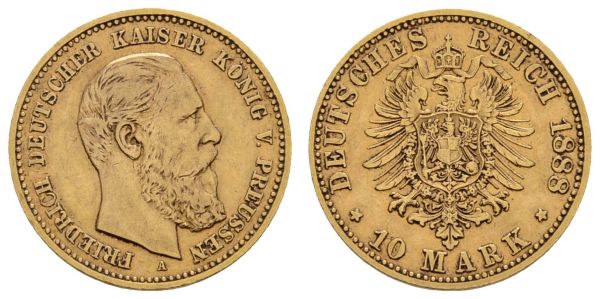 Kaiserreich Goldmünzen Preußen Friedrich III. 1888 10 M 1888 A  Jaeger 247 ss