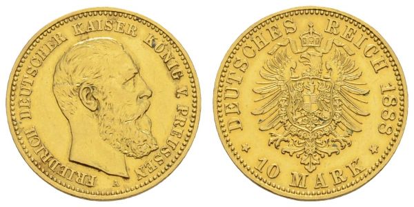 Kaiserreich Goldmünzen Preußen Friedrich III. 1888 10 M 1888 A gereinigt  Jaeger 247 ss-vz