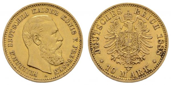 Kaiserreich Goldmünzen Preußen Friedrich III. 1888 10 M 1888 A  Jaeger 247 3.98 g. vz