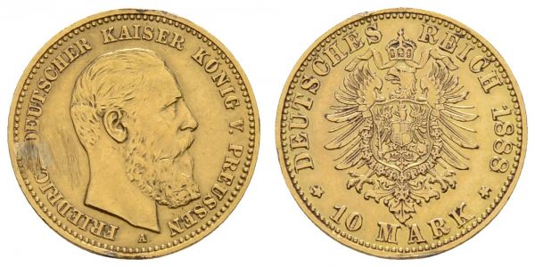 Kaiserreich Goldmünzen Preußen Friedrich III. 1888 10 M 1888 A Kratzer, Randfehler  Jaeger 247 ss