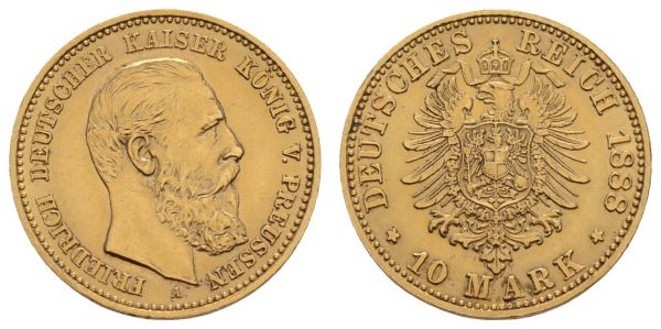 Kaiserreich Goldmünzen Preußen Friedrich III. 1888 10 M 1888 A  Jaeger 247 vz-