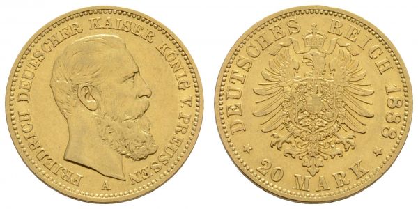 Kaiserreich Goldmünzen Preußen Friedrich III. 1888 20 M 1888 A kl. Kratzer  Jaeger 248 vz-