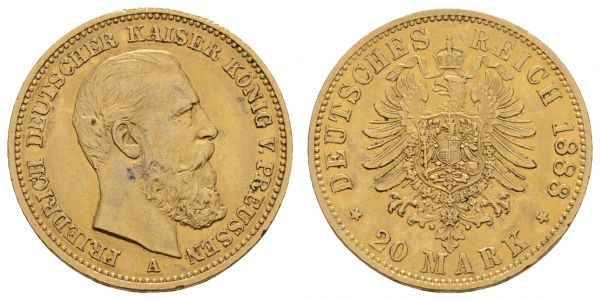 Kaiserreich Goldmünzen Preußen Friedrich III. 1888 20 M 1888 A Rf.  Jaeger 248 ss