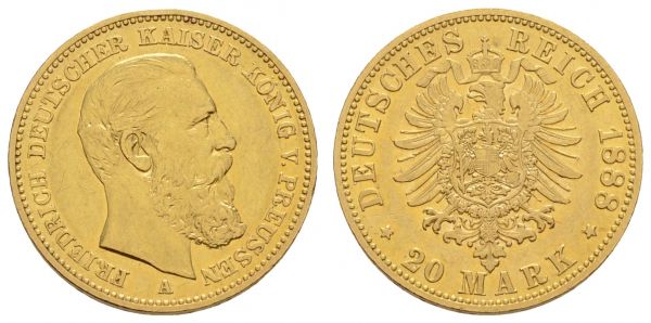 Kaiserreich Goldmünzen Preußen Friedrich III. 1888 20 M 1888 A Rf.  Jaeger 248 vz-