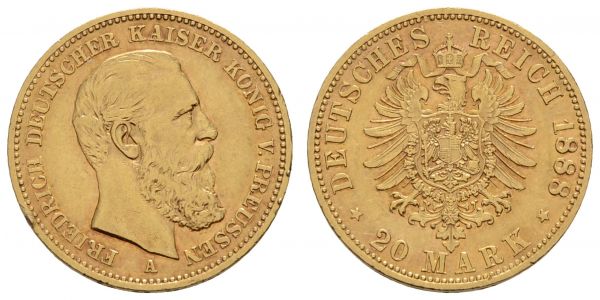 Kaiserreich Goldmünzen Preußen Friedrich III. 1888 20 M 1888 A Einjahrestyp, kl. Rf.  Jaeger 248 ss-vz