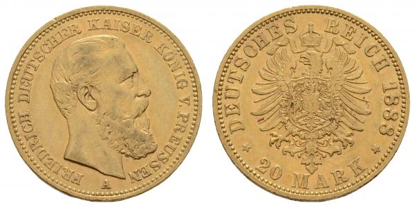 Kaiserreich Goldmünzen Preußen Friedrich III. 1888 20 M 1888 A  Jaeger 248 ss-vz