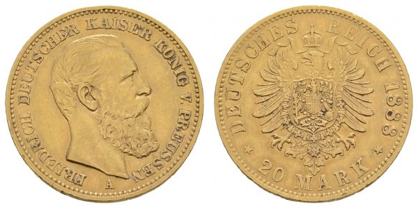 Kaiserreich Goldmünzen Preußen Friedrich III. 1888 20 M 1888 A  Jaeger 248 ss-vz