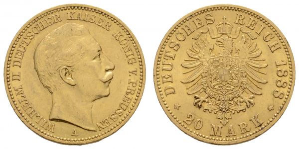 Kaiserreich Goldmünzen Preußen Wilhelm II. 1888-1918 20 M 1888 A  Jaeger 250 vz-