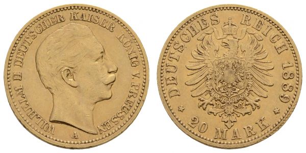 Kaiserreich Goldmünzen Preußen Wilhelm II. 1888-1918 20 M 1889 A  Jaeger 250 ss-vz