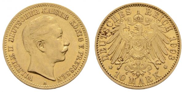 Kaiserreich Goldmünzen Preußen Wilhelm II. 1888-1918 10 M 1903 A  Jaeger 251 3.98 g. ss-vz