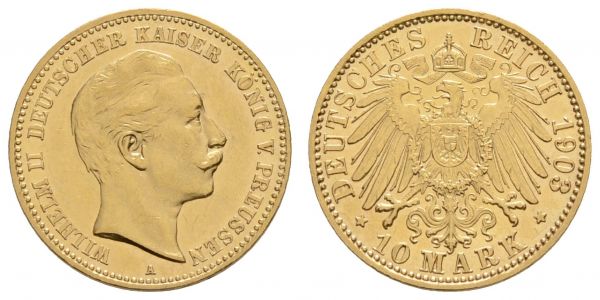 Kaiserreich Goldmünzen Preußen Wilhelm II. 1888-1918 10 M 1903 A  Jaeger 251 3.97 g. selten in dieser Erhaltung vz+