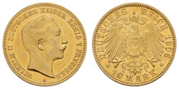 Kaiserreich Goldmünzen Preußen Wilhelm II. 1888-1918 10 M 1906 A weit überdurchschnittliche Qualität  Jaeger 251 vz+