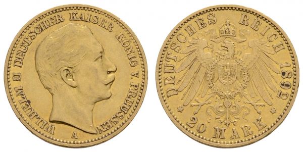 Kaiserreich Goldmünzen Preußen Wilhelm II. 1888-1918 20 M 1892 A  Jaeger 252 ss-vz