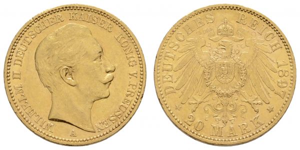 Kaiserreich Goldmünzen Preußen Wilhelm II. 1888-1918 20 M 1897 A kl. Kratzer und Rf.  Jaeger 252 vz-