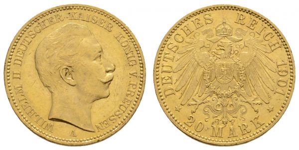 Kaiserreich Goldmünzen Preußen Wilhelm II. 1888-1918 20 M 1901 A  Jaeger 252 ss-vz