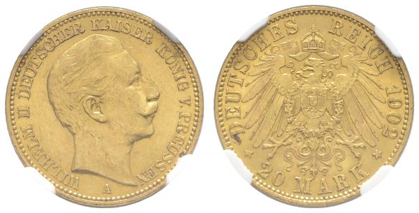 Kaiserreich Goldmünzen Preußen Wilhelm II. 1888-1918 20 M 1902 A im NGC-Slab MS 62  Jaeger 252