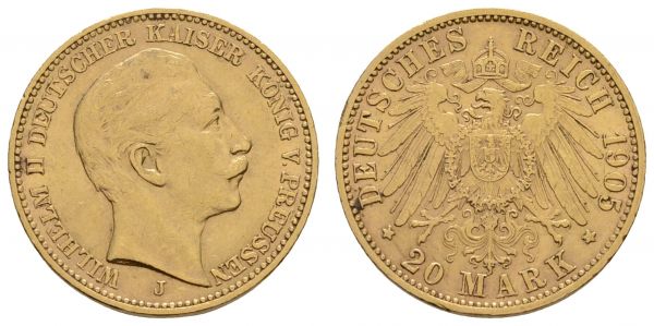 Kaiserreich Goldmünzen Preußen Wilhelm II. 1888-1918 20 M 1905 J  Jaeger 252 ss