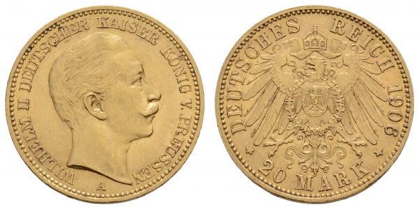 Kaiserreich Goldmünzen Preußen Wilhelm II. 1888-1918 20 M 1906 A  Jaeger 252 ss-vz