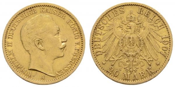 Kaiserreich Goldmünzen Preußen Wilhelm II. 1888-1918 20 M 1907 A  Jaeger 252 ss-vz