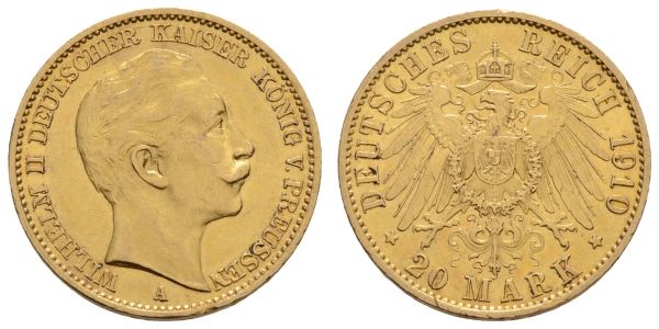 Kaiserreich Goldmünzen Preußen Wilhelm II. 1888-1918 20 M 1910 A kl. Rf.  Jaeger 252 ss-vz