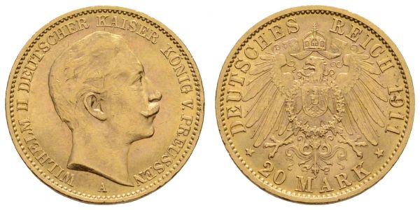 Kaiserreich Goldmünzen Preußen Wilhelm II. 1888-1918 20 M 1911 A Kratzer  Jaeger 252 ss-vz