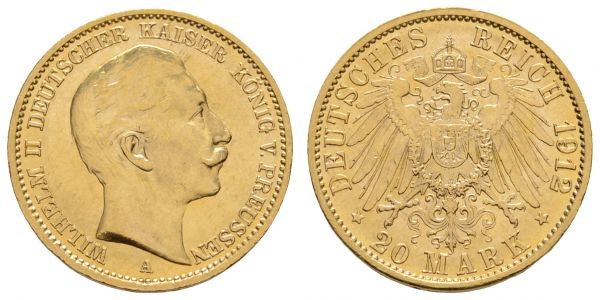 Kaiserreich Goldmünzen Preußen Wilhelm II. 1888-1918 20 M 1912 A  Jaeger 252 vz