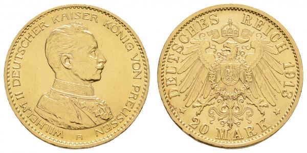 Kaiserreich Goldmünzen Preußen Wilhelm II. 1888-1918 20 M 1913 A Garde du Corps, Rf.  Jaeger 253 vz-st