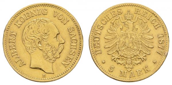 Kaiserreich Goldmünzen Sachsen Albert, 1873-1902 5 M 1877 E Fassungsspuren  Jaeger 260 ss