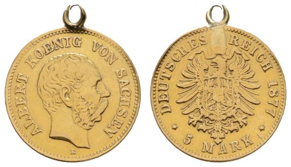 Kaiserreich Goldmünzen Sachsen Albert, 1873-1902 5 M 1877 E Belegexemplar mit angelötetem Henkel  Jaeger 260 1.99 g.