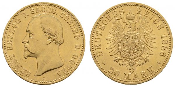 Kaiserreich Goldmünzen Sachsen-Coburg und Gotha Ernst II. 1844-1893 20 M 1886 A kl. Kratzer  Jaeger 271 gutes vz