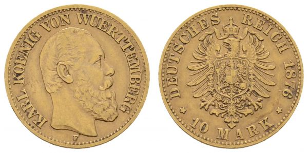 Kaiserreich Goldmünzen Württemberg Karl, 1864-1891 10 M 1876 F  Jaeger 292 ss-vz