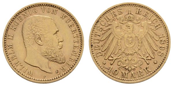 Kaiserreich Goldmünzen Württemberg Wilhelm II., 1891-1918 10 M 1898 F  Jaeger 295 3.98 g. ss-vz