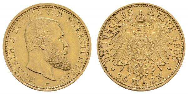 Kaiserreich Goldmünzen Württemberg Wilhelm II., 1891-1918 10 M 1905 F  Jaeger 295 vz