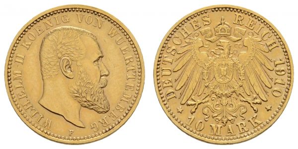 Kaiserreich Goldmünzen Württemberg Wilhelm II., 1891-1918 10 M 1910 F  Jaeger 295 vz-